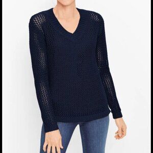 Talbots Open Weave V Neck Cotton Sweater Navy Blue XS NWT